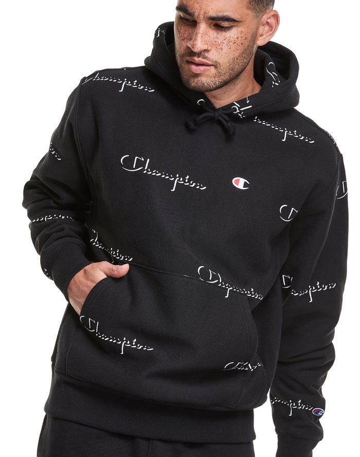 Champion Reverse Weave All Over Print Erkek Kapşonlu Sweatshirt Siyah ( YSTDPG193 )